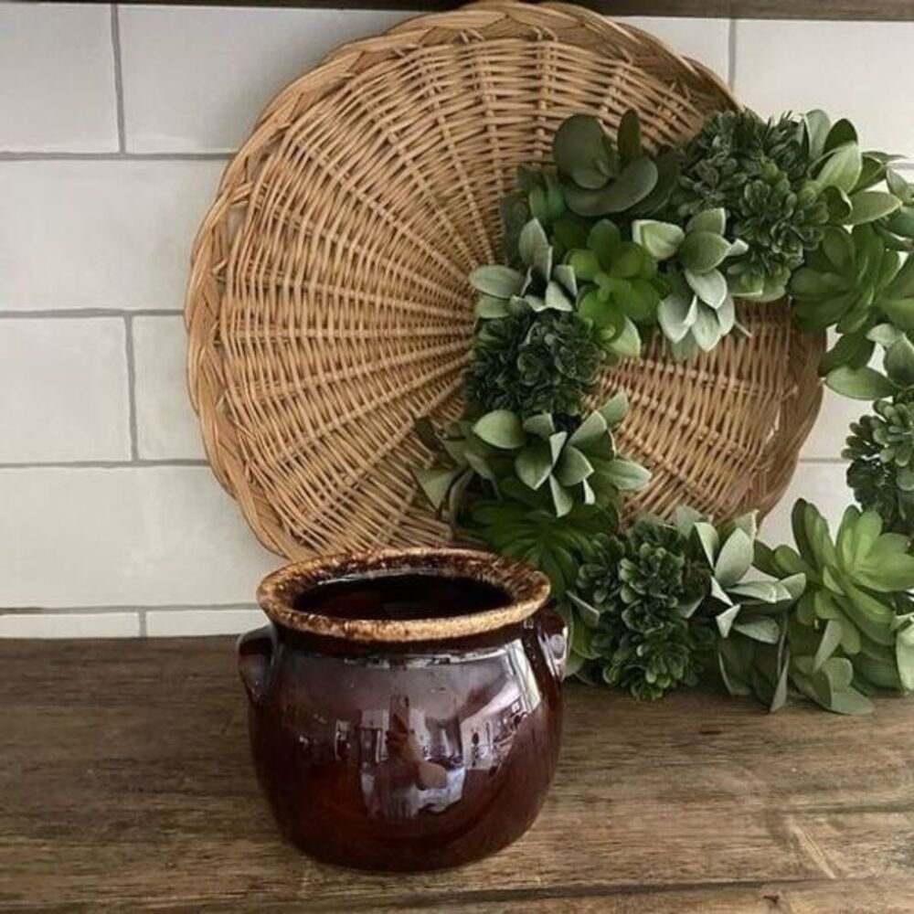 Vintage Hull Stoneware Brown Drip Glazed Pottery Small Bean Pot Storage Bowl